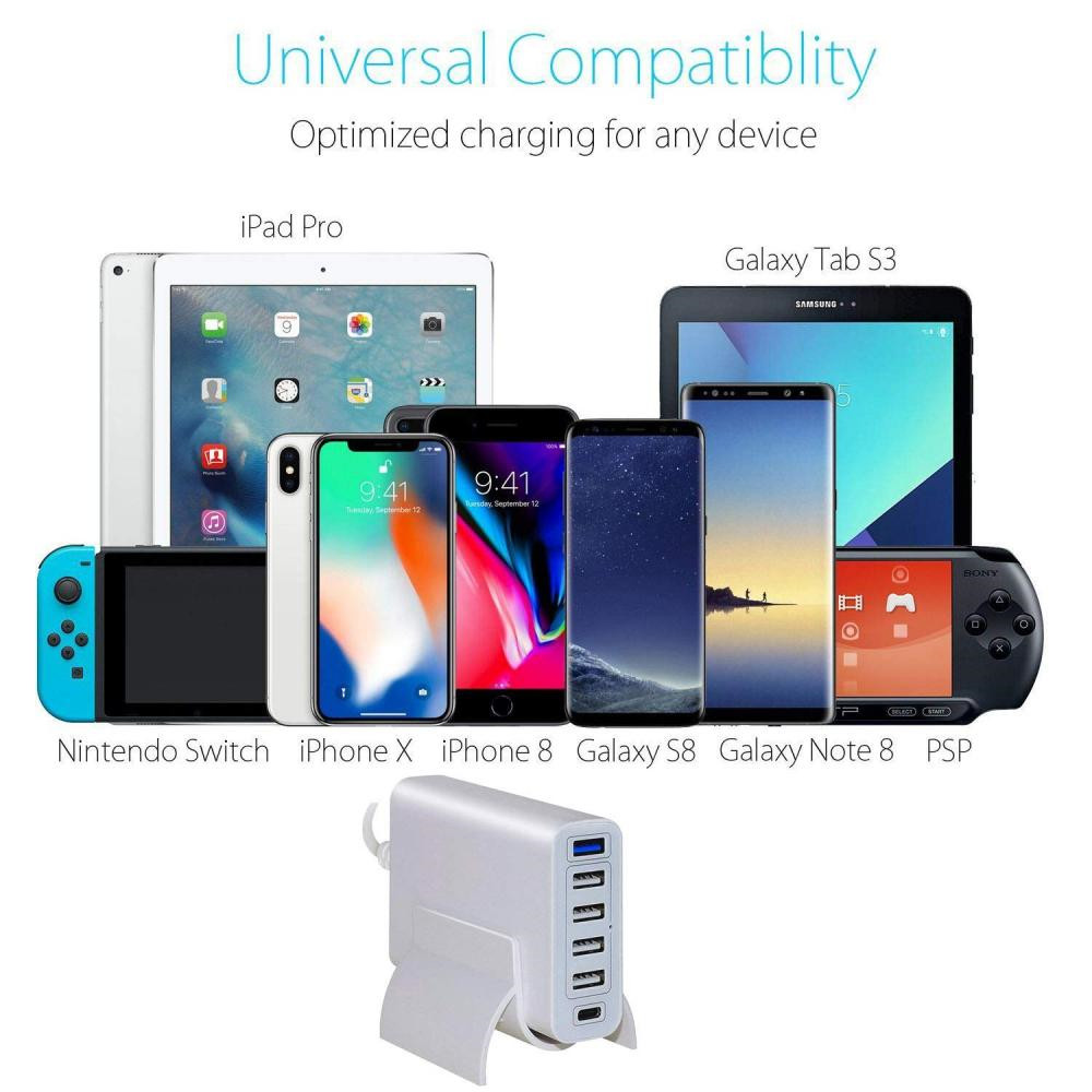 60W 6-port USB PD Type-C 3.0 Wall Charger - Image 2